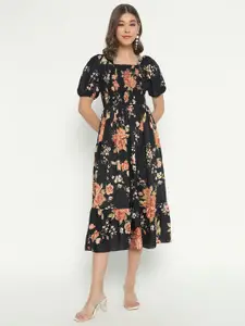 Raiyani Fashion Floral Print Puff Sleeve Fit & Flare Midi Dress