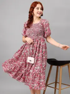 Raiyani Fashion Floral Print Puff Sleeve Fit & Flare Midi Dress