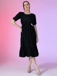 Raiyani Fashion Women Round Neck Puff Sleeve Midi Fit & Flare Dress