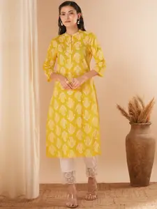 FASHOR Ethnic Motifs Printed Mandarin Collar Cotton Straight Kurta