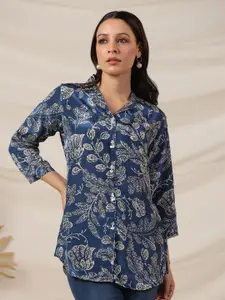 JISORA Women Blue Floral Printed Russian Silk Shirt Style Top