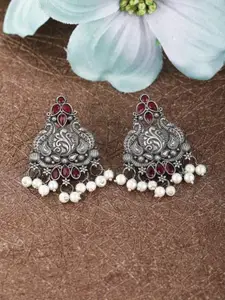 Sangria Silver-Plated Stone Studded & Pearls Beaded Contemporary Oxidized Drop Earrings