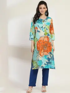 Rangriti Floral Printed Round Neck Cotton Straight Kurta