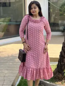 Bhanderi Fashion Women Geometric Printed Round Neck Ruffles A-Line Midi Dress