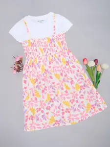 Pantaloons Junior Girls Floral Printed Smocked Detailed Pinafore Dress
