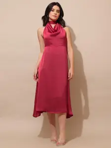 PURVAJA Women Cowl Neck Satin Fit & Flare Midi Dress