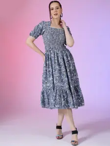 Raiyani Fashion Floral Print Puff Sleeve Fit & Flare Midi Dress