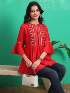 Sangria Embroidered Mandarin Collar Neck Tops