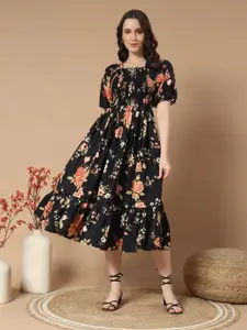 Raiyani Fashion  Women Floral Print Puff Sleeve Smocked Fit & Flare Midi Dress