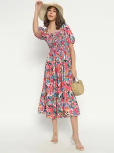 Raiyani Fashion Floral Print Puff Sleeve Fit & Flare Midi Dress