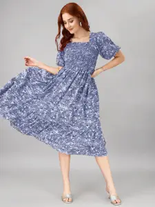 Raiyani Fashion Floral Print Puff Sleeve Fit & Flare Midi Dress