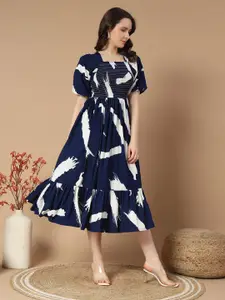 Raiyani Fashion Women Print Puff Sleeve Fit & Flare Midi Dress