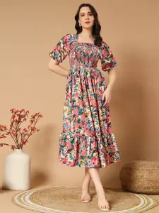 Raiyani Fashion Women Floral Printed Puff Sleeve Fit & Flare Midi Dress