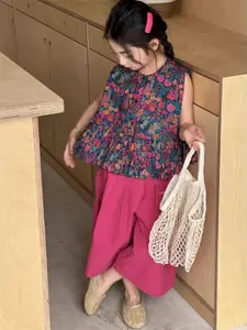 StyleCast x Revolte Girls Floral Printed Round Neck Pure Cotton Top With Trousers