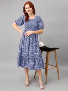 Raiyani Fashion Women Floral Print Puff Sleeves Smocked Fit and Flare Midi Dress