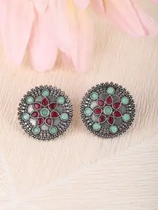 Sangria Silver-Plated Stone Studded Floral Shaped Oxidized Studs
