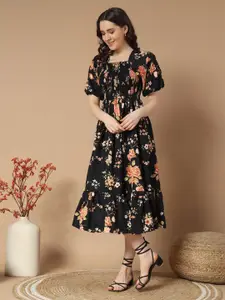Raiyani Fashion Women Floral Print Puff Sleeve Fit & Flare Midi Dress
