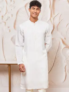 VASTRAMAY Floral Yoke Design Mandarin Collar Thread Work Silk Straight Kurta