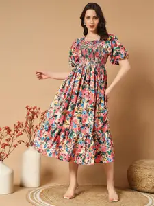 Raiyani Fashion Floral Print Square Neck Smocked Detail Puff Sleeve Fit & Flare Midi Dress