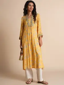 Global Desi Women Floral Printed Mirror Work A-Line Kurta