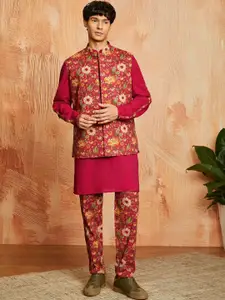 VASTRAMAY Floral Printed Mandarin Collar Straight Kurta With Pyjamas And Jacket