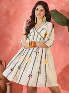 Sangria Embroidered Cotton V-Neck Dresses