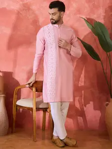 Sangria Floral Embroidered Thread Work Mandarin Collar Silk Straight Kurta