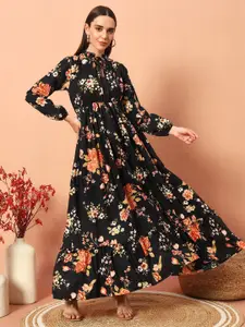 Raiyani Fashion  Women Tie-Up Neck Floral Printed Maxi Fit and Flare Dress