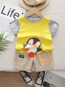 INCLUD Boys Penguin Printed Round Neck T-shirt With Shorts