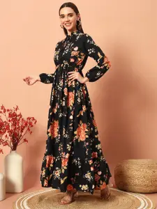 Raiyani Fashion Women Floral Printed Tie-Up Neck Puff Sleeves Fit and Flare Maxi Dress