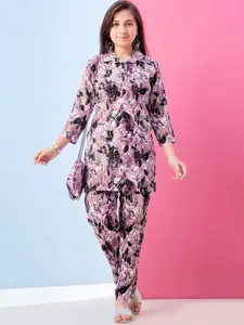 Sangria Girls Floral Printed Lapel Collar Top And Trousers