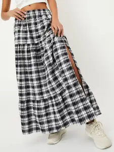 max Women Checked Pure Cotton Slit Tiered Maxi Skirt