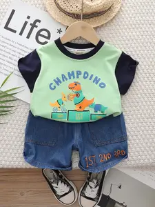 INCLUD Boys Champ Dino Printed T-shirt With Denim Shorts
