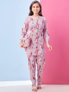 Sangria Girls Floral Printed Round Neck Top And Trousers