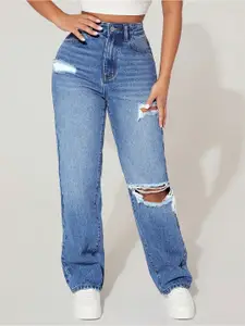 HIGH BUY Women Loose High-Rise Slash Knee Heavy Fade Bootcut Jeans