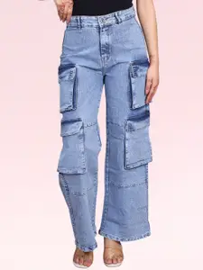 RIVI Women Jean Wide Leg High-Rise Light Fade Acid Wash Stretchable Jeans