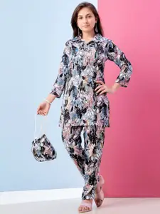 Sangria Girls Floral Printed Lapel Collar Top And Trousers