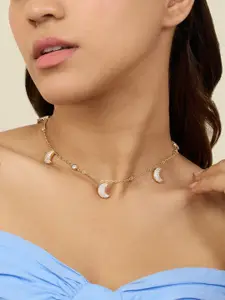 Isharya Brass 18KT Gold-Plated Cubic Zirconia Studded Crescent Shimmer Charm Necklace