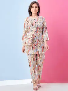 Sangria Girls Floral Printed Round Neck Top And Trousers