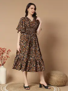 Raiyani Fashion Animal Print Flared Sleeve Fit & Flare Midi Dress