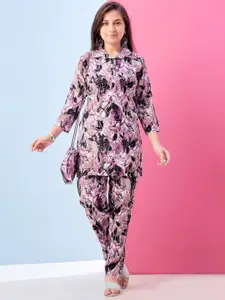 Sangria Girls Floral Printed Lapel Collar Top And Trousers