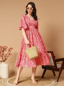 Raiyani Fashion Floral Print Flared Sleeve Fit & Flare Midi Dress
