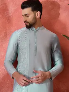 Sangria Floral Embroidered Silk Mandarin Collar Straight Kurta