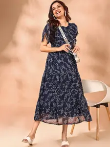 Raiyani Fashion Women Printed Flared Sleeve Georgette Tiered Fit & Flare Midi Dress