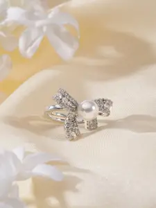 DressBerry Women Stone & Bead -Studded Bow-Shaped Adjustable Finger Ring