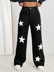 HIGH BUY Women Printed Comfort Wide Leg High-Rise Jeans