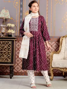 Sangria Girls Bandhani Printed Pleated Thread Work A-Line Kurta