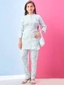 Sangria Girls Floral Printed Mandarin Collar Top And Trousers