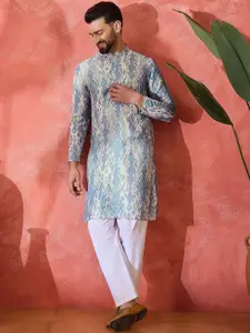 Sangria Abstract Ikat Printed Mandarin Collar Straight Kurta