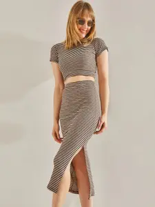 BIANCO LUCCI Striped Round Neck Top With Skirt